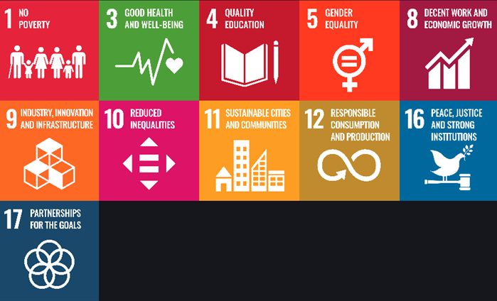 SDG 1,3,4,5,8,9,10,11,12,16,17